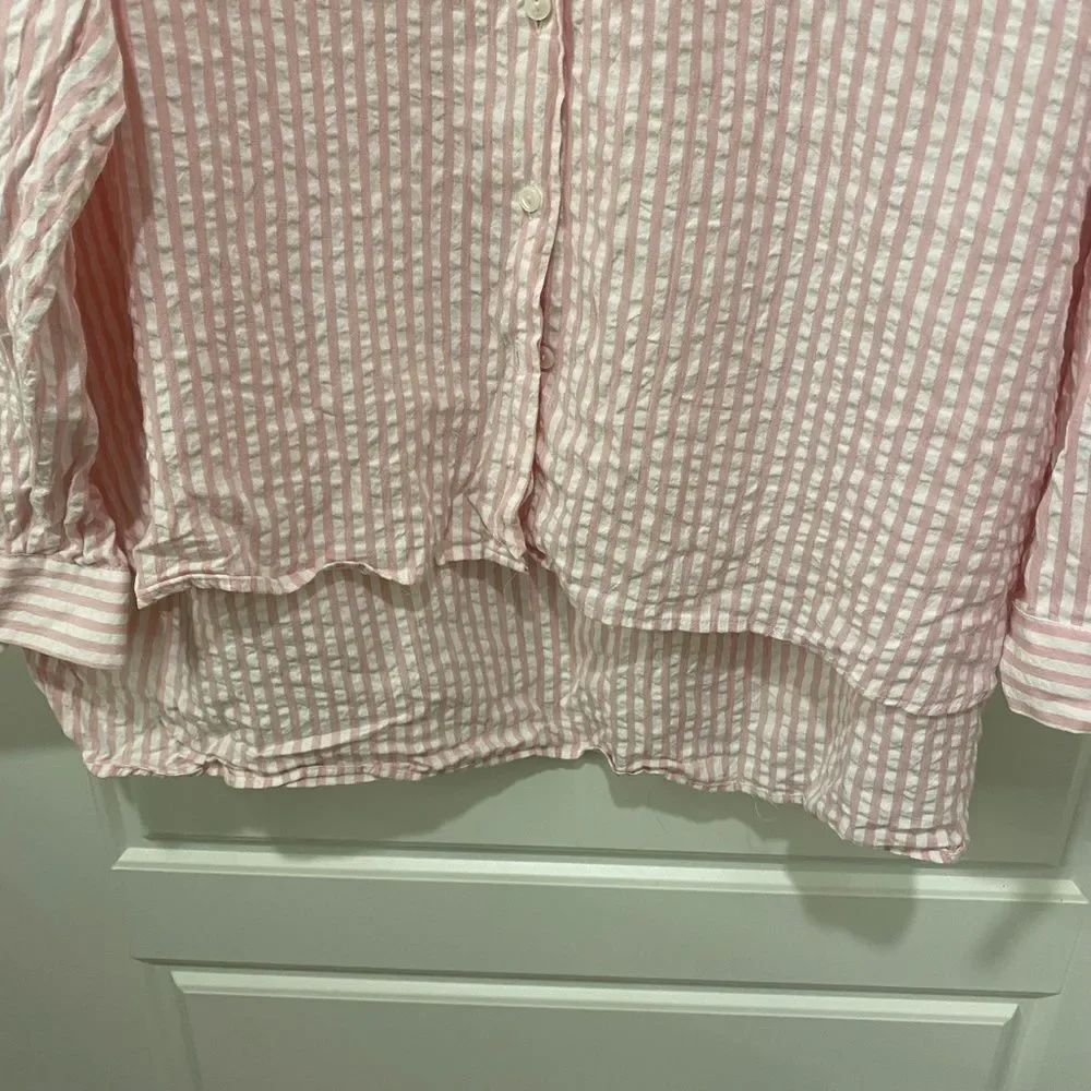 Zara Basic Pink White Striped Seersucker Patch High Low Button Down Shirt XL